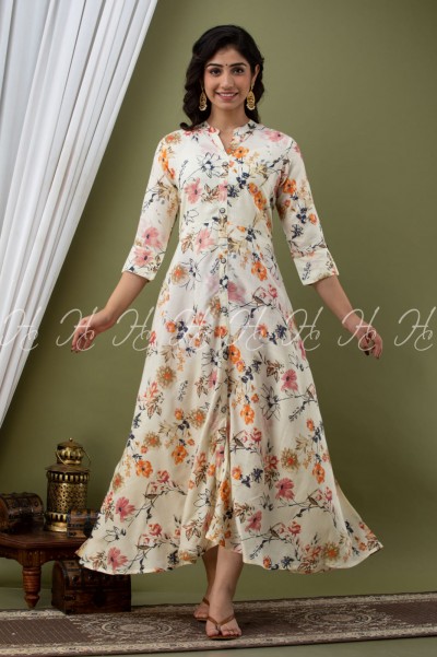 HC CREAM LONG FLARED KURTIS