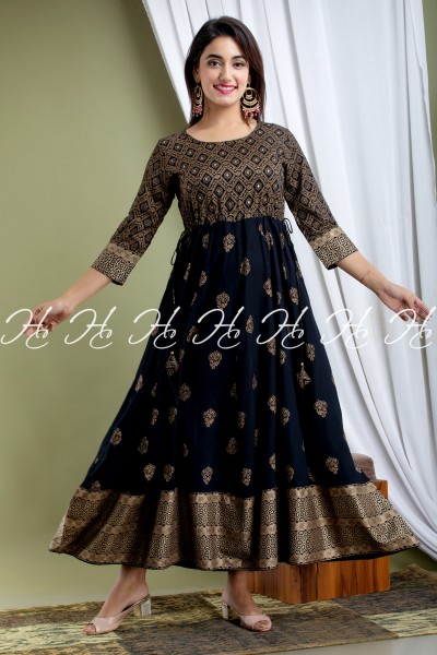 HC BLACK EMROIDERED ANARKALI KURTIS