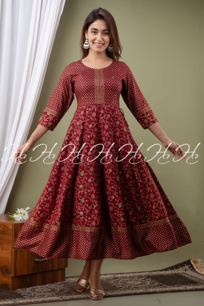 HC KALAMKARI MAROON ANARKALI KURTIS