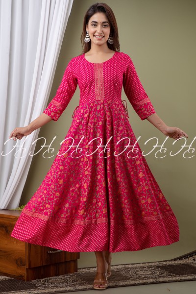 HC PINK KALAMKARI LONG ANARKALI KURTIS