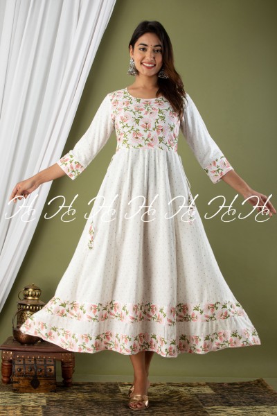 HC WHITE PRINTED ANARKALI KURTIS