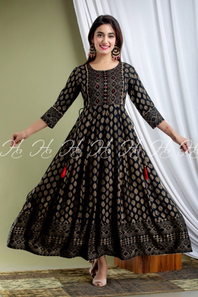 HC BLACK YOGA EMBROIDERED ANARKALI KURTIS